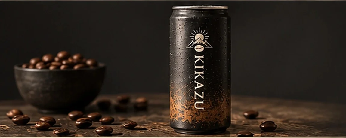 KIKAZU Black Cold Coffee can beside a bowl of coffee beans on a dark surface