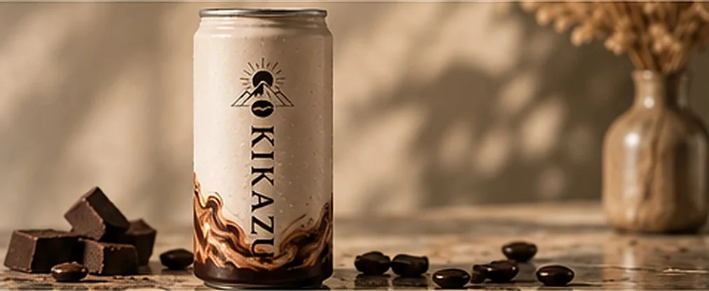 KIKAZU Chocolate Cold Coffee can with chunks of dark chocolate and coffee beans