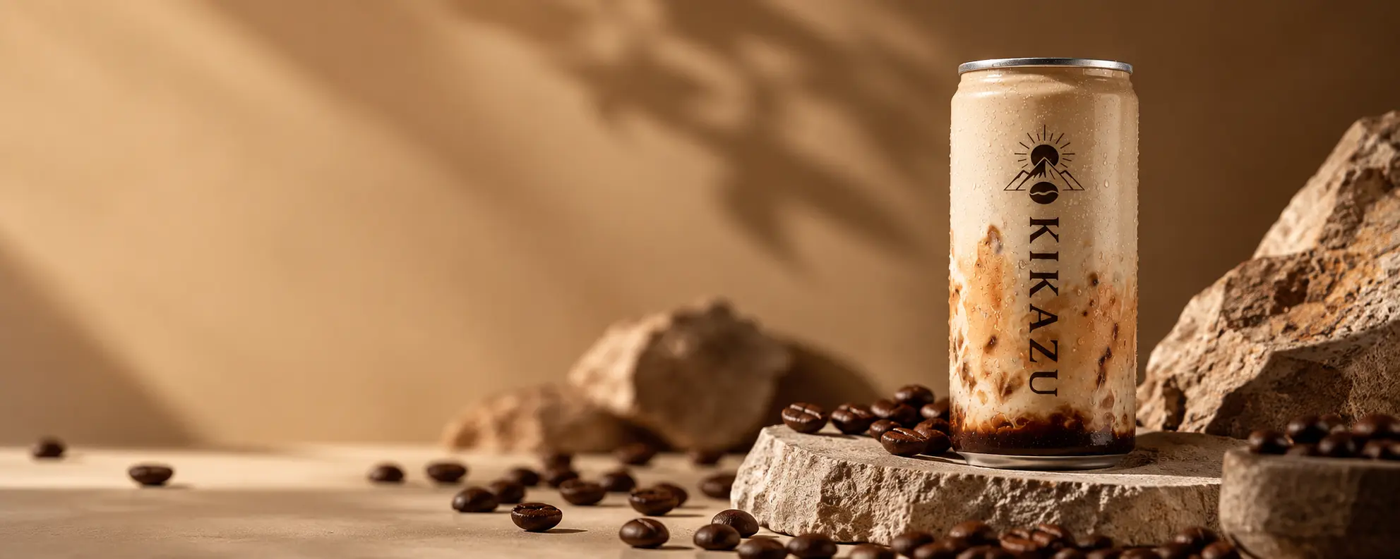 KIKAZU Classic Cold Coffee can on a stone pedestal, surrounded by coffee beans