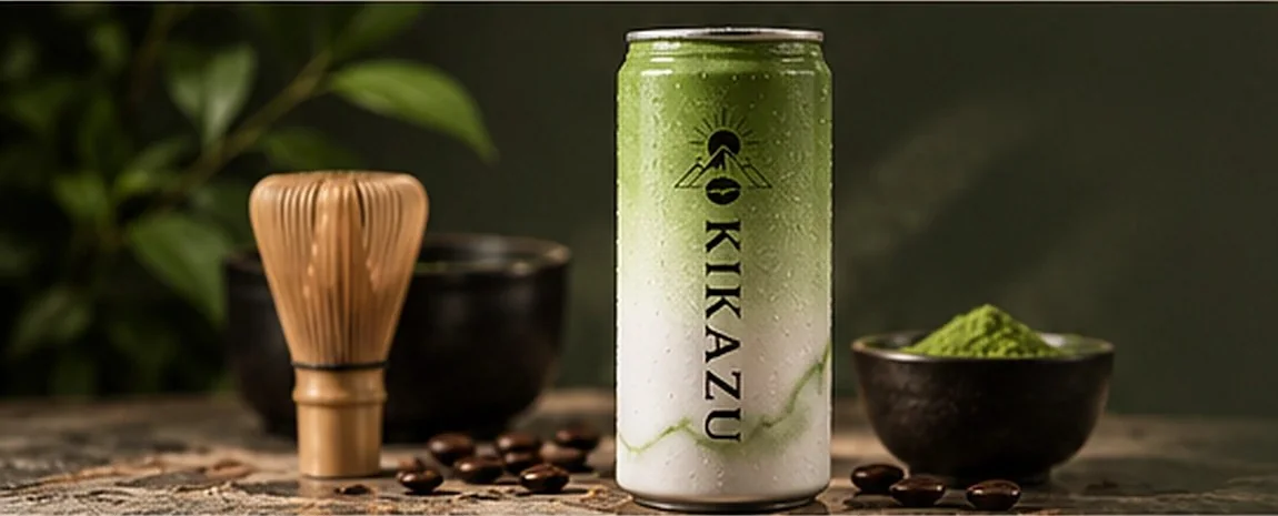 KIKAZU Matcha Cold Latte can with a bamboo whisk, bowl of matcha powder and tea leaves