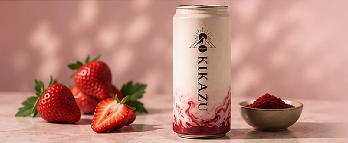 KIKAZU Strawberry Cold Latte can with fresh strawberries and strawberry powder