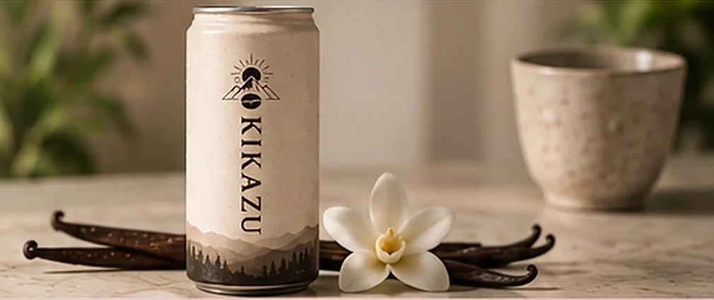 KIKAZU Vanilla Cold Latte can with a vanilla flower and vanilla pods on a marble surface