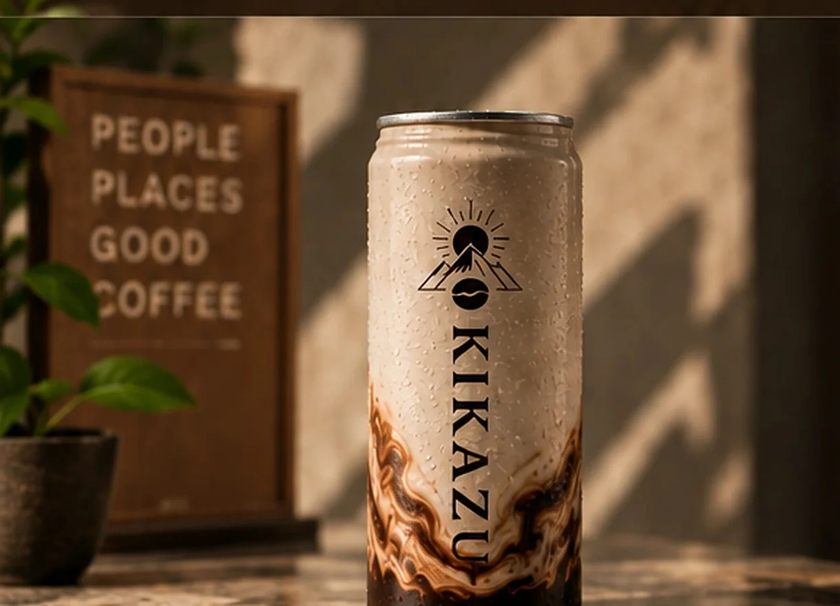 A KIKAZU can on a sunlit table beside a small plant and a wooden sign