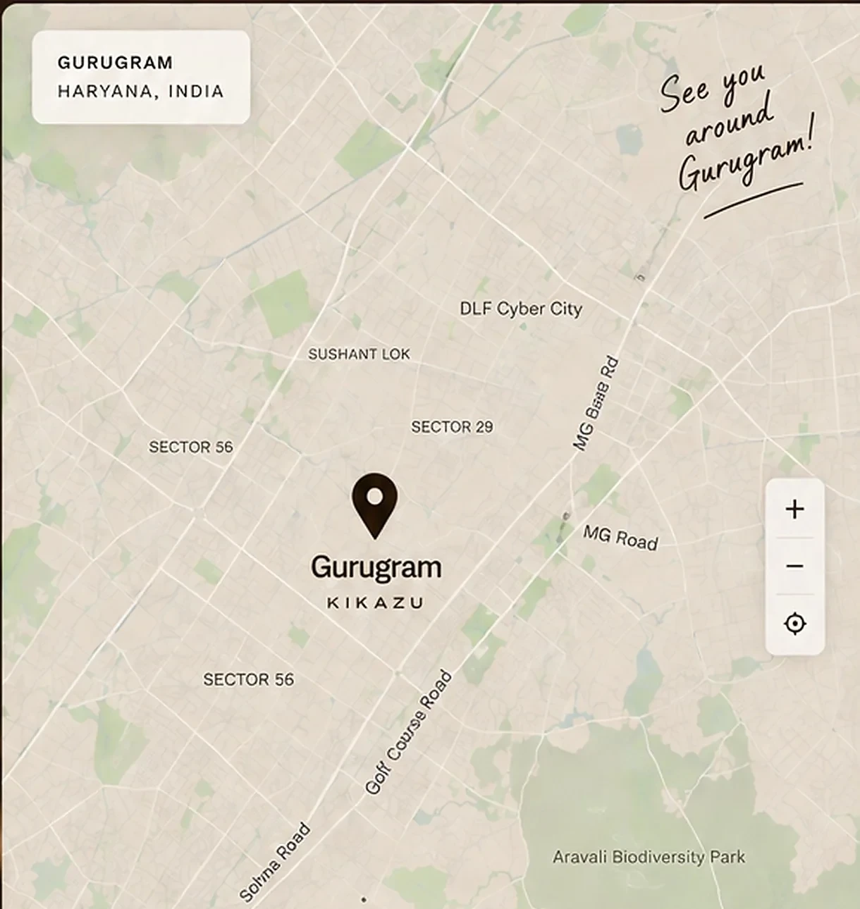 Map showing the KIKAZU service area around Gurugram, Haryana, India