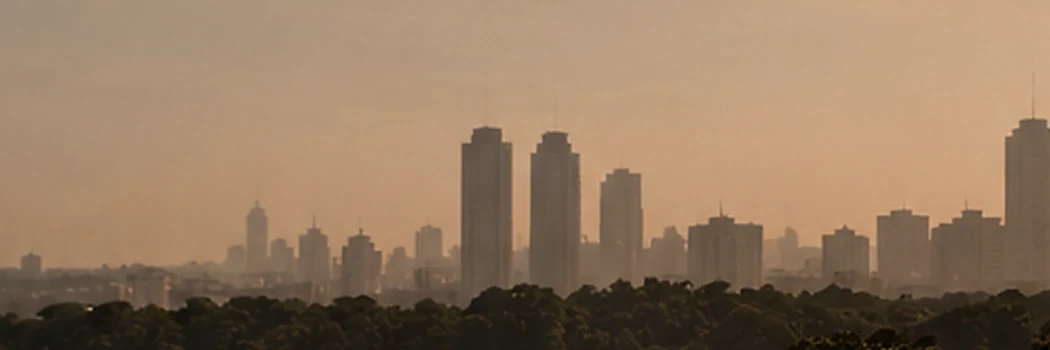 City skyline at dusk seen from a hillside