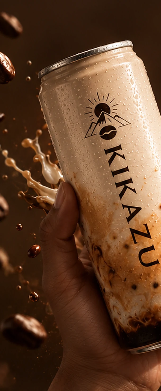 A hand holding a KIKAZU cold coffee can, with coffee splashing around it